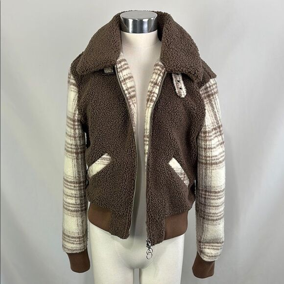 Jonathan Simkhai Tan Fleece w Plaid Trim Zip Bomber Jacket - Picture 2 of 7